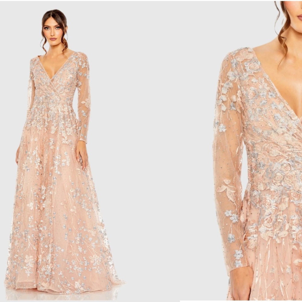 MAC DUGGAL 20402 EMBROIDERED LACE LONG SLEEVE A-LINE PEACH GOWN sz 8